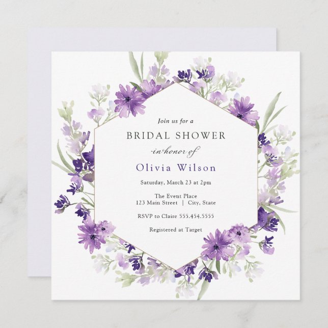 Purple Lavender Fleurs nuptiale Douche Invitation (Devant / Derrière)