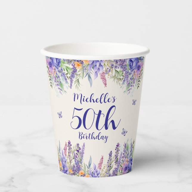 Purple Lavender Floral 50th Birthday Pappbecher (Vorderseite)