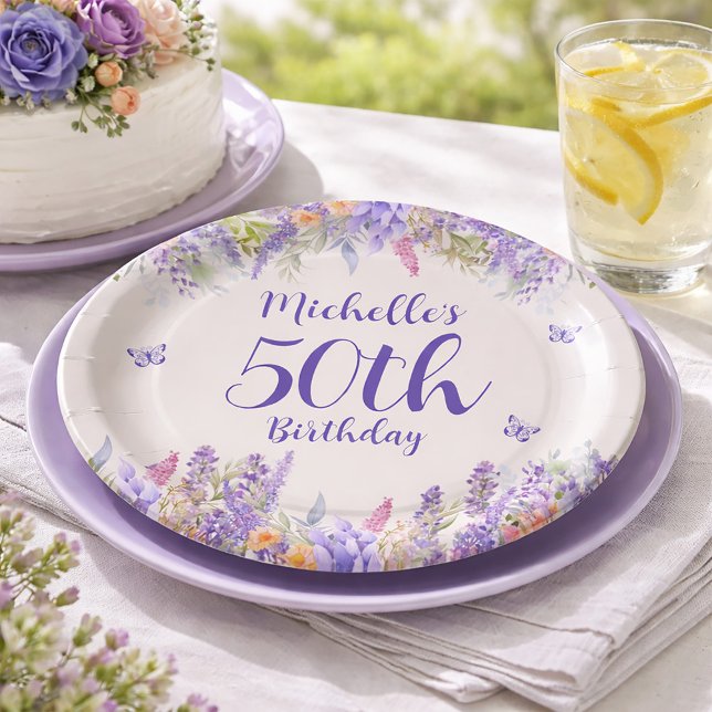 Purple Lavender Floral 50th Birthday Pappteller (50th Birthday Garden Party Celebration )