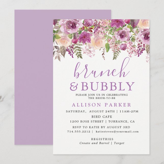 Purple Lavender Floral Brunch & Bubbly Invitation (Devant / Derrière)