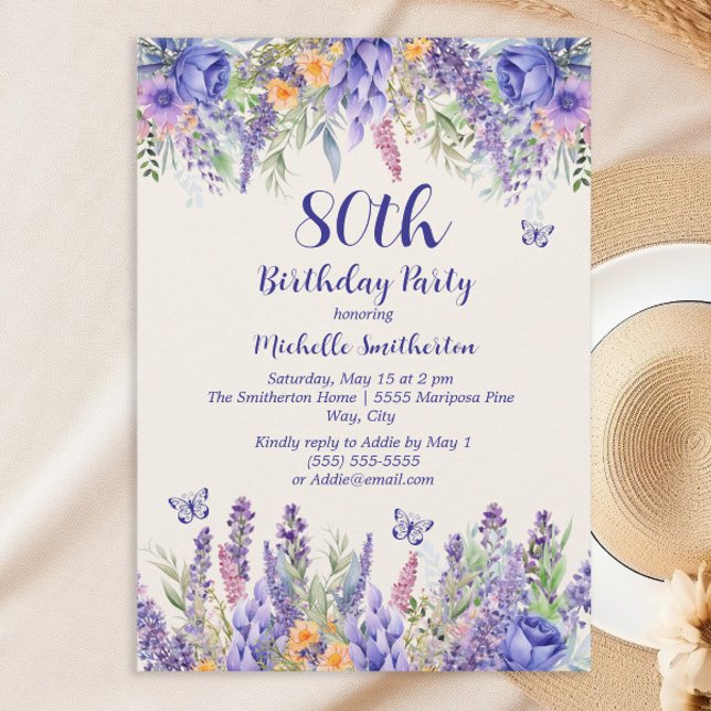 Purple Lavender Floral Garden Party 80th Birthday Einladung (Celebrating a special woman)