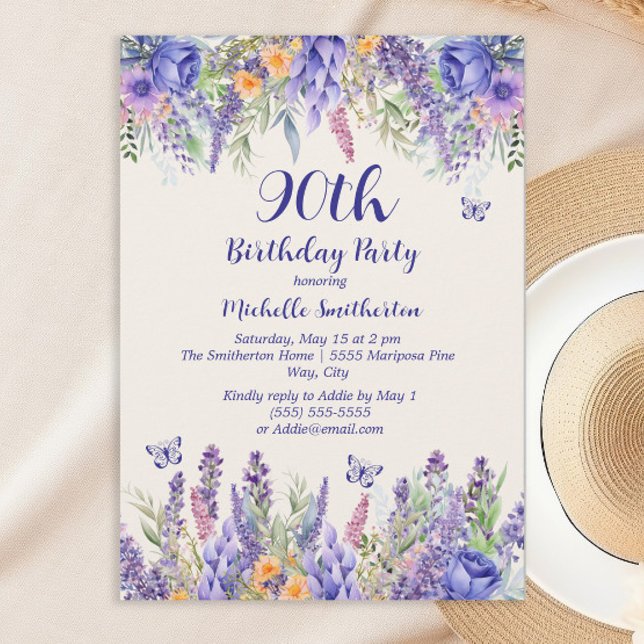 Purple Lavender Floral Garden Party 90th Birthday Einladung (Celebrating 90 years)