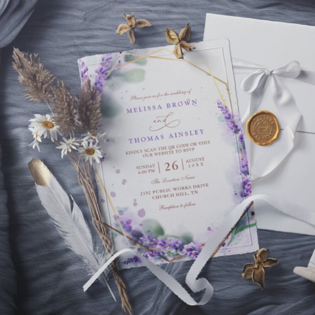 Purple Lavender Rustic Floral QR Code Wedding Einladung (Von Creator hochgeladen)