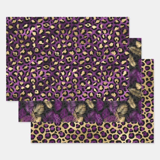 Purple Leopard Print with Gold Tropical Leaves Geschenkpapier Set (Set)