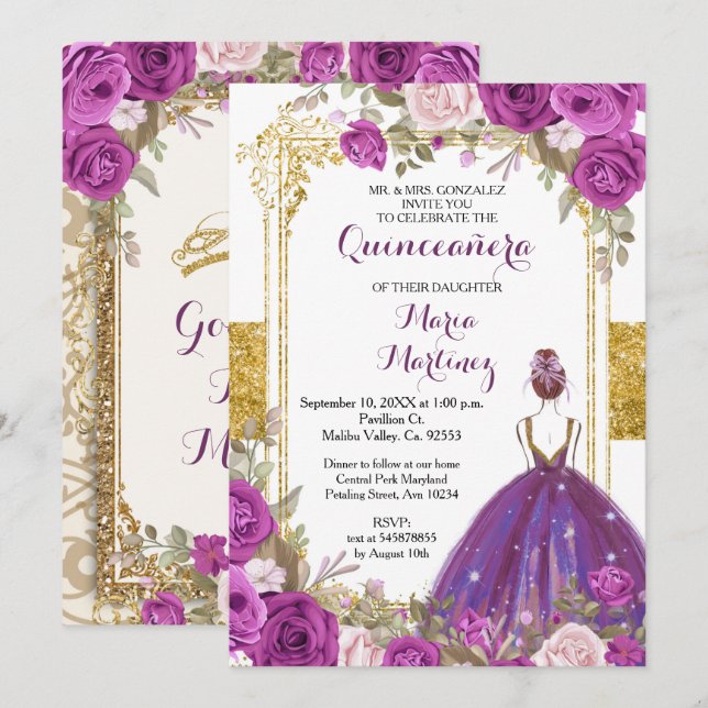 Purple Lilac Fleurs Or Quinceanera Invitation (Devant / Derrière)