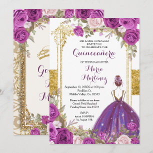 Purple Lilac Fleurs Or Quinceanera Invitation