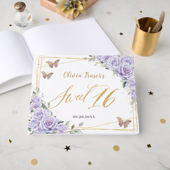 Purple Lilac Floral Butterflies Gold Sweet Sixteen Gästebuch (Vorderseite Offen)
