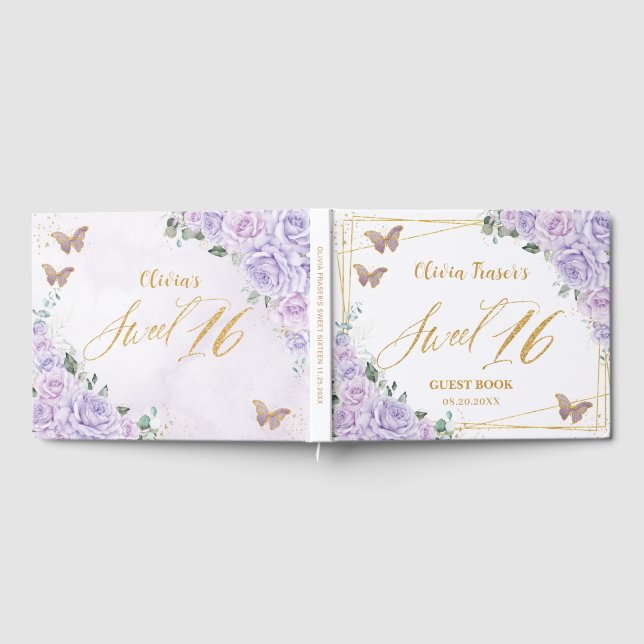 Purple Lilac Floral Butterflies Sweet Sixteen 16 Gästebuch (Voll)
