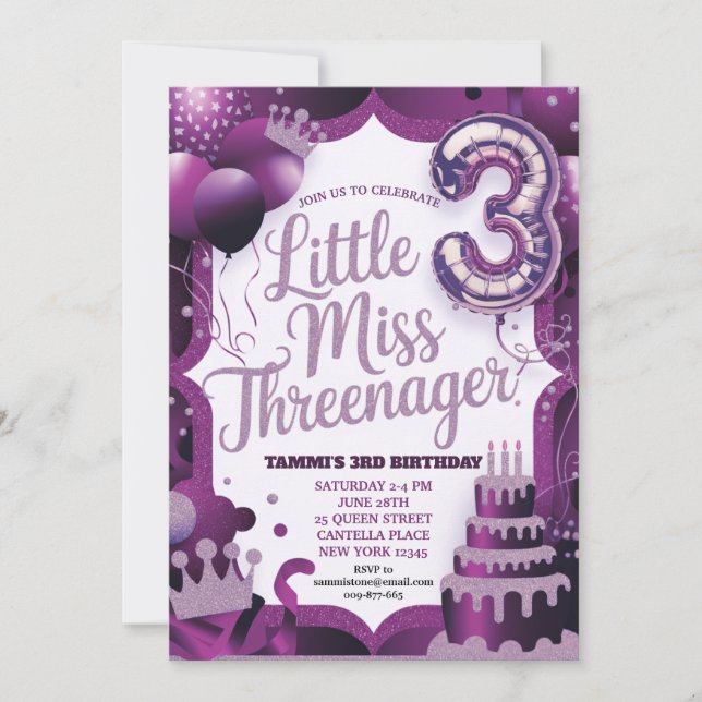 Purple Little Miss Threenager invitation (Devant)