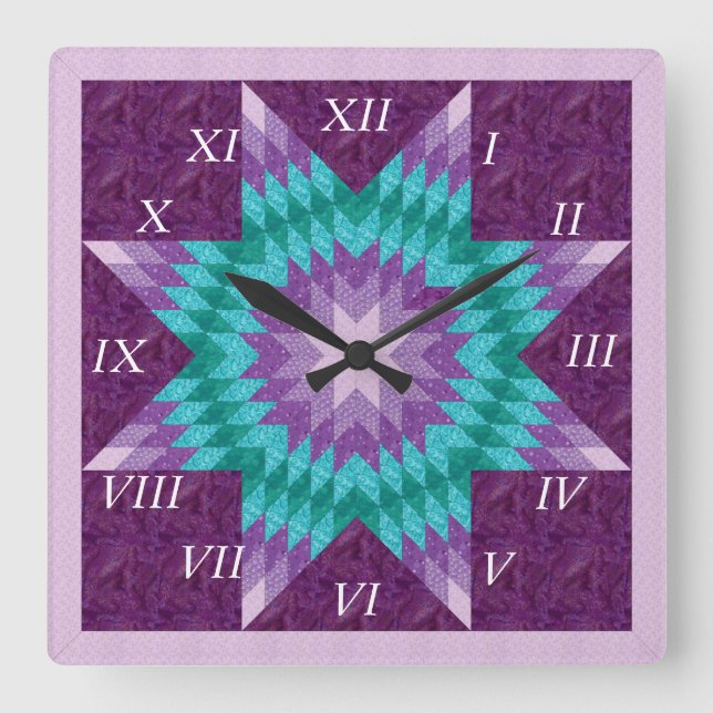 Purple Lone Star Quilt Design Quadratische Wanduhr (Vorderseite)