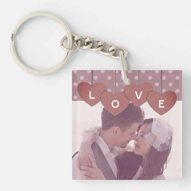 Purple Love Hearts Banner Overlaid Custom Photo Schlüsselanhänger (Vorderseite)