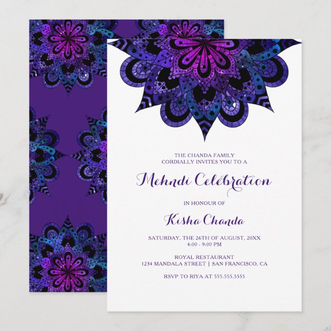 Purple Mandala Mehndi Célébration Invitation (Devant / Derrière)
