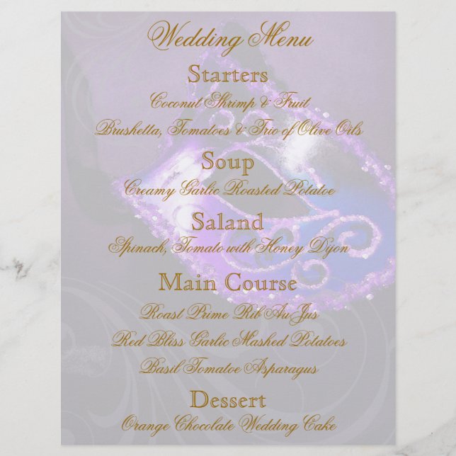 Purple Masquerade Ball Menu Flyer Mariage (Devant)