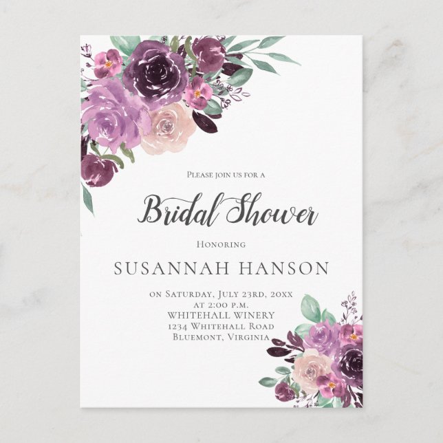Purple Mauve Sangria Floral Bridal Shower Postkarte (Vorderseite)
