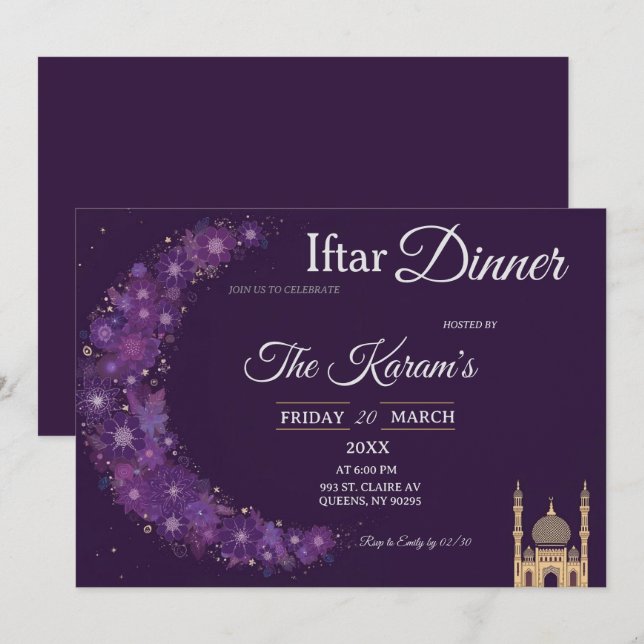 Purple Minimal Mosque Ramadan Iftar Party  Invit Einladung (Vorne/Hinten)