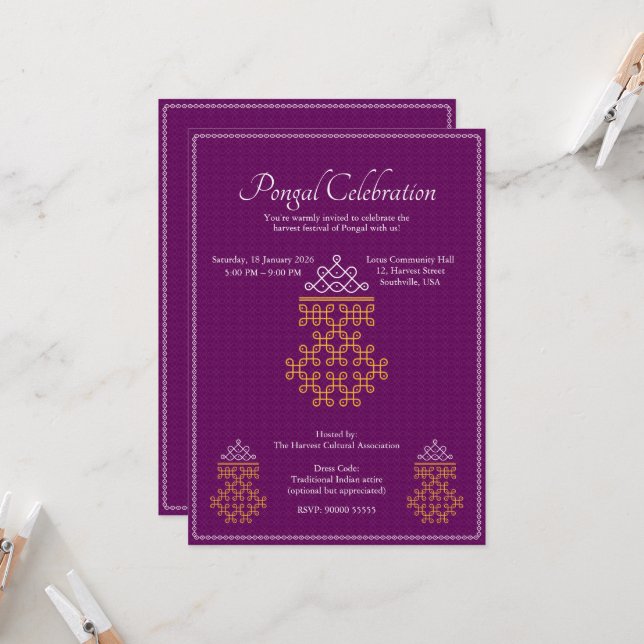 Purple Minimal Tamil Kolam Pongal Einladung (Vorderseite/Rückseite Beispiel)