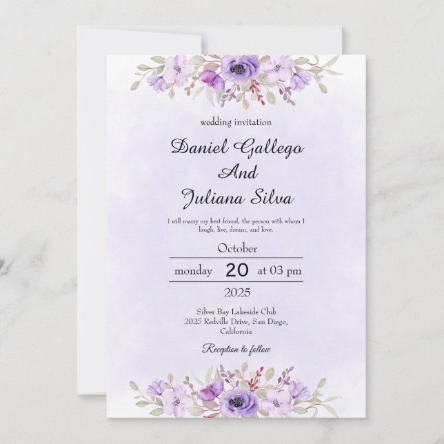 Purple Minimalist Floral Wedding Invitations Einladung (Vorderseite)