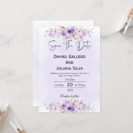 Purple Minimalist Floral Wedding Save the Date Einladung