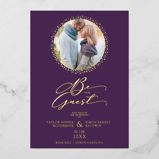 Purple Minimalist Wedding Fancy Round Photo Folieneinladung (Vorderseite)