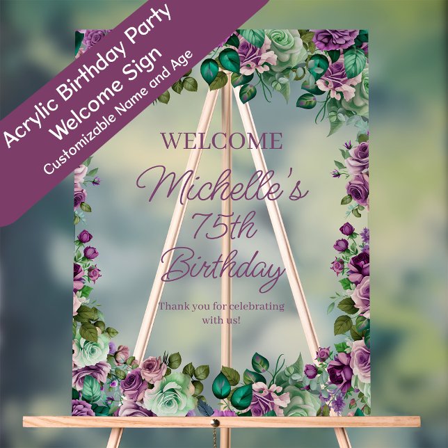 Purple Mint Green Floral fête d'anniversaire Bienv (Acrylic purple and mint green floral birthday party welcome sign)