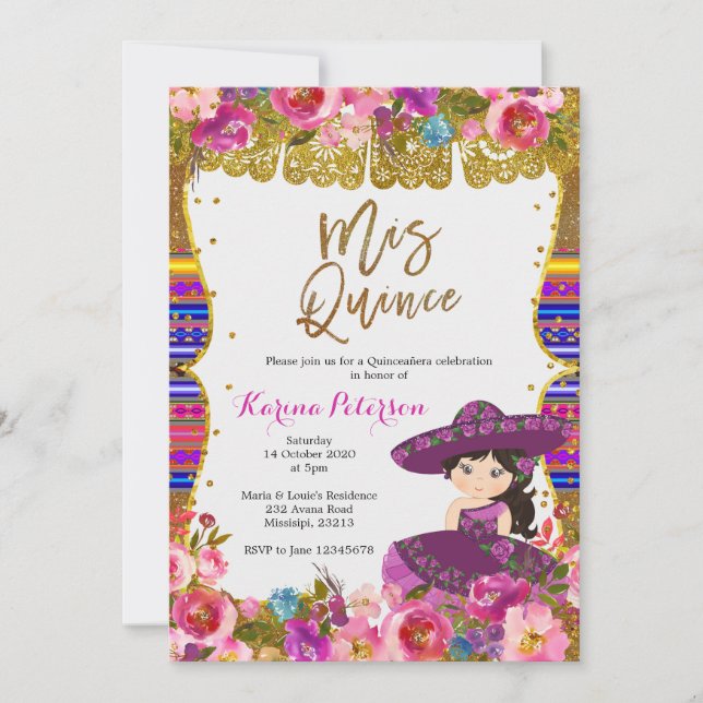 Purple Mis Quince Mexicaine Invitation Anniversair (Devant)