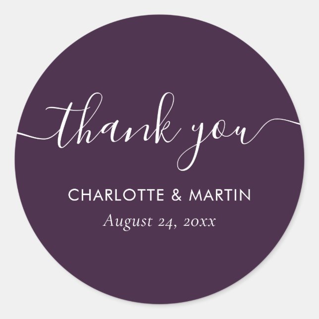 Purple Modern Script Wedding Shower Thank You Runder Aufkleber (Vorderseite)