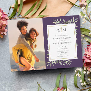 Purple Monogram Greenery Photo Wedding Einladung