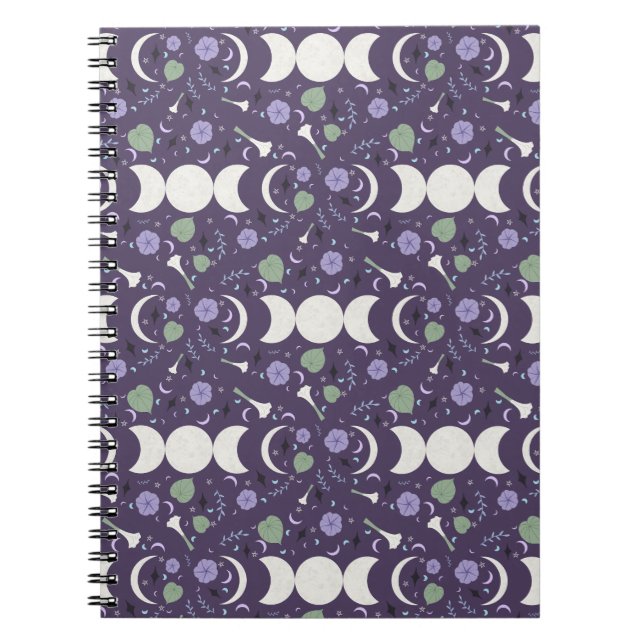Purple Moon Phase Floral Pattern Spiral Notebook Notizblock (Vorderseite)