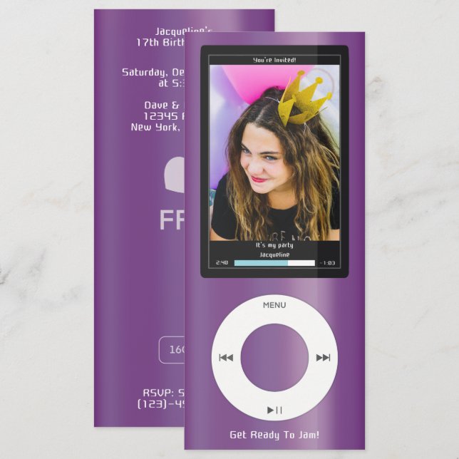 Purple MP3 Music Player II Birthday Einladung (Vorne/Hinten)