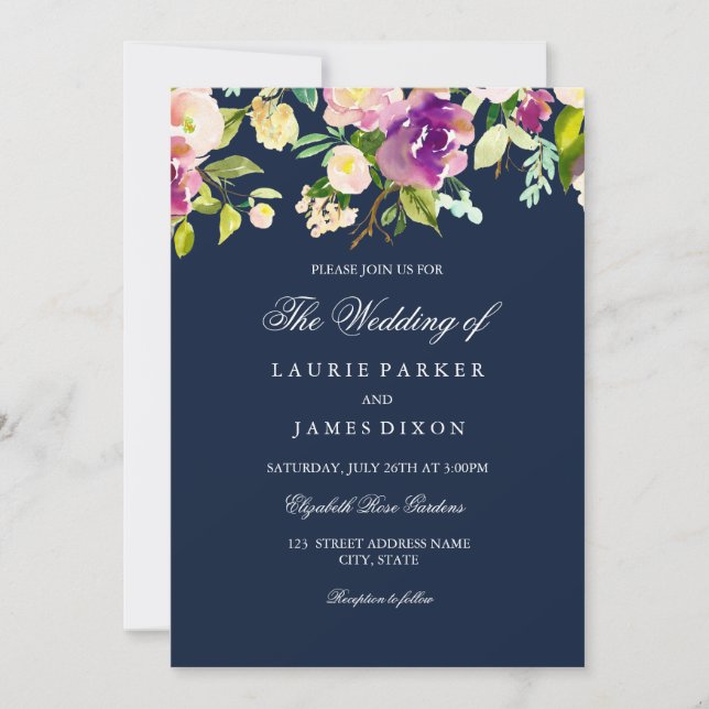 Purple Navy Floral Élégant Mariage Invitation (Devant)