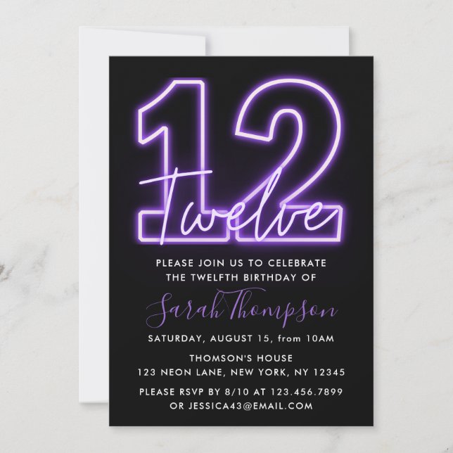 Purple Neon 12e anniversaire Invitation (Devant)