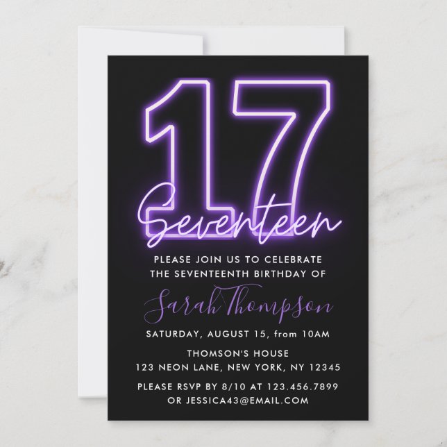 Purple Neon 17e anniversaire Invitation (Devant)