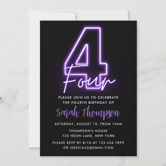 Purple Neon 4e anniversaire Invitation (Devant)
