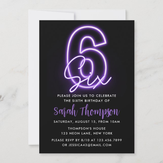 Purple Neon 6e anniversaire Invitation (Devant)