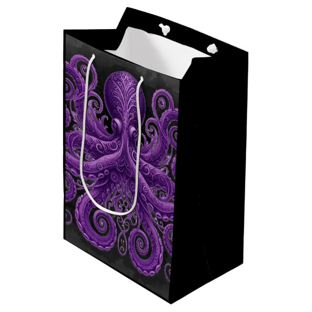 Purple Octopus Victorian Steampunk Kraken  Mittlere Geschenktüte (Vorderseite Schrägansicht)