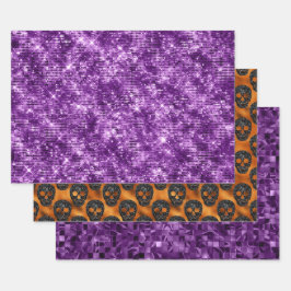 Purple Orange Glitter Skull Halloween Pattern Geschenkpapier Set