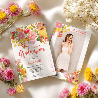 Purple Orange photo Boho floral graduation Einladung
