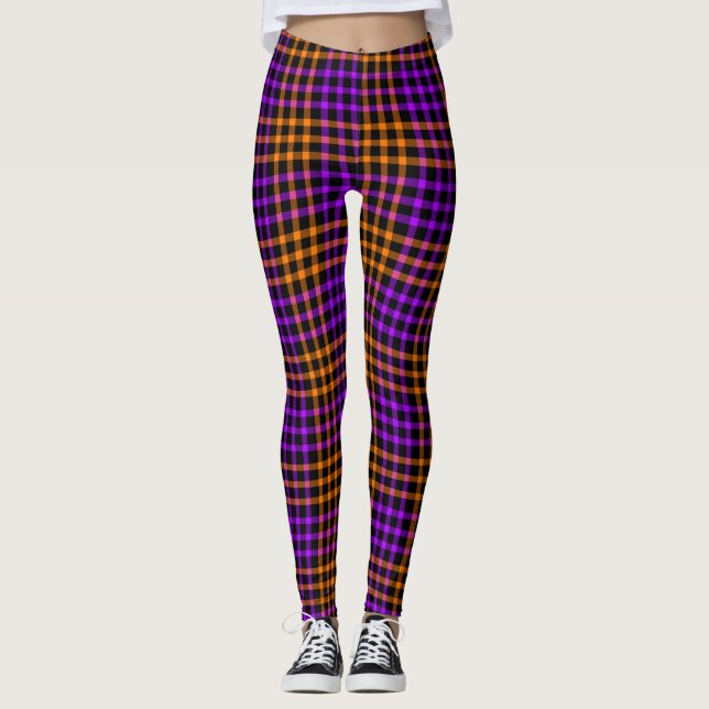 Purple Orange Plaid Checker Seamless Pattern Leggings (Vorderseite)