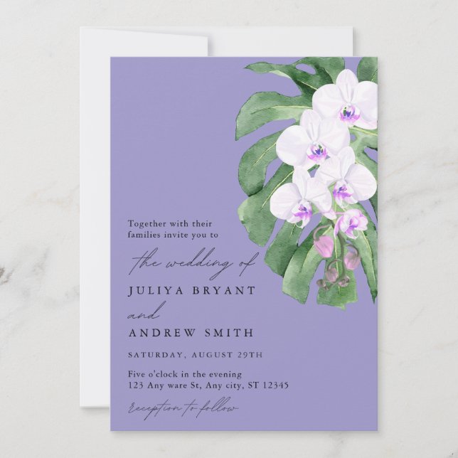 Purple Orchid on Tropical leaf script wedding Einladung (Vorderseite)