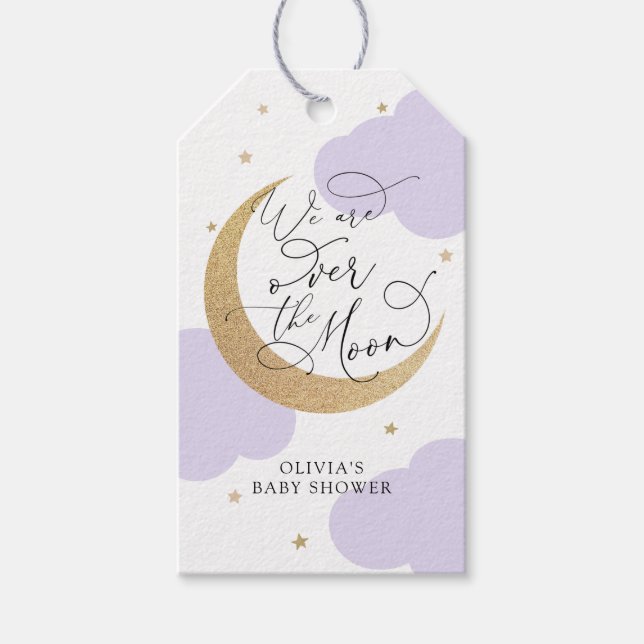 Purple Over the Moon Baby Shower Geschenkanhänger (Vorderseite)
