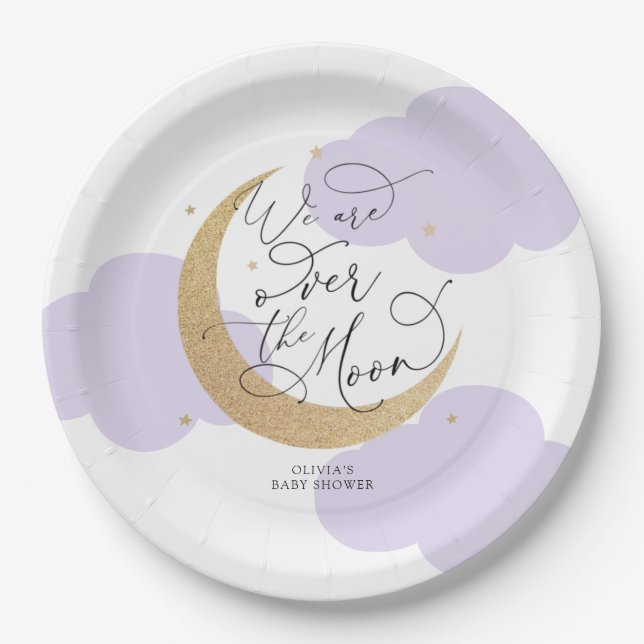 Purple Over the Moon Baby Shower Pappteller (Vorderseite)