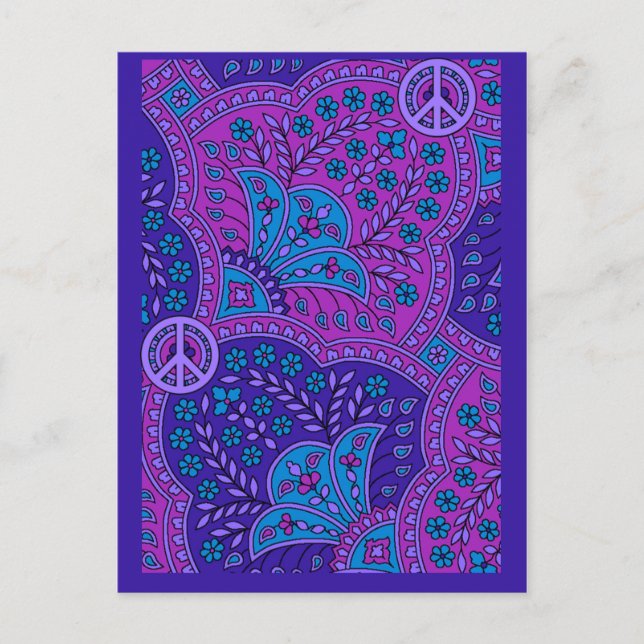 Purple Paisley with Peace Signes CARTES POSTCARDS  (Devant)