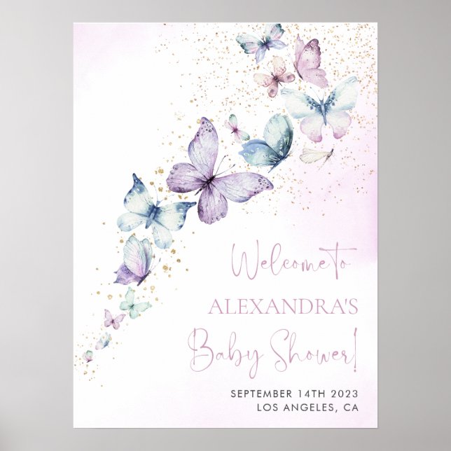 Purple papillon fille Baby shower Affiche de bienv (Devant)