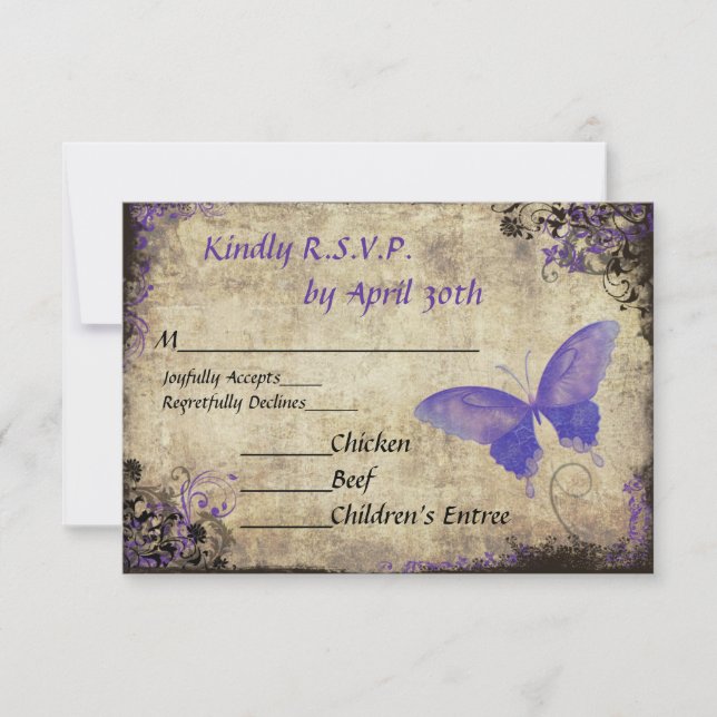 Purple Papillon Vintage Mariage RSVP Invitation (Devant)