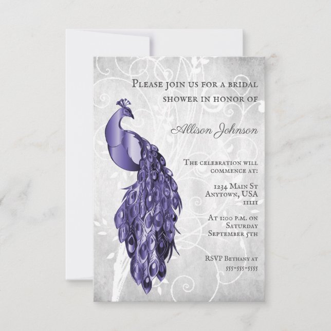 Purple Peacock Invitation à la douche nuptiale (Devant)
