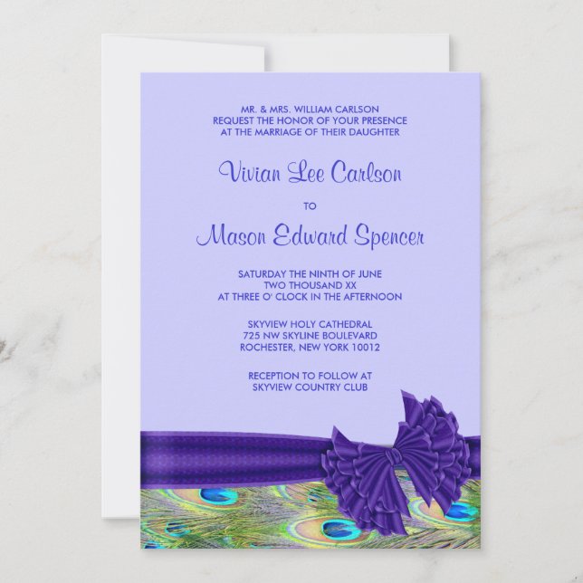 Purple Peacock Invitations de mariage (Devant)