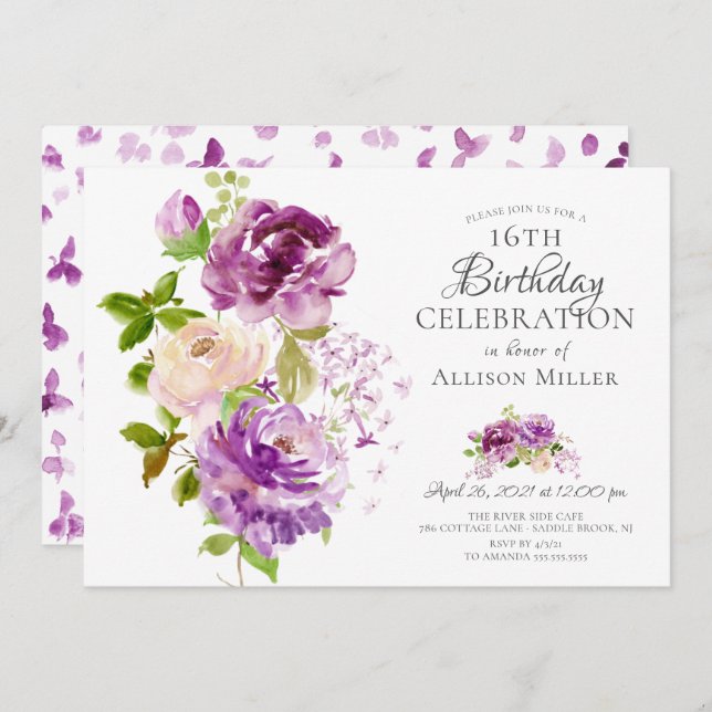 Purple Peonies Floral 16e anniversaire Invitation (Devant / Derrière)