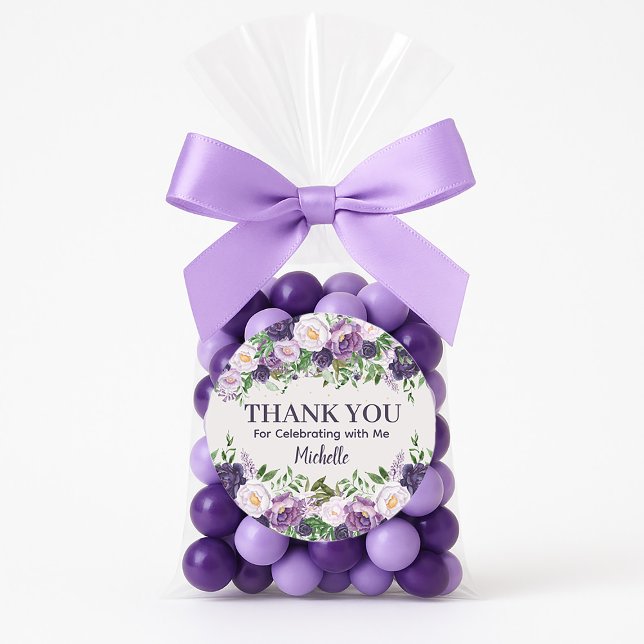 Purple Peonies Floral Women's Birthday Thank You Runder Aufkleber (Purple peonies birthday party "Thank you" favor bag sticker)