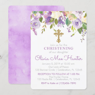 Purple Peonies Girl Christening Invitation