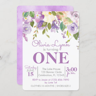 Purple Peonies Girl First Birthday Invitation